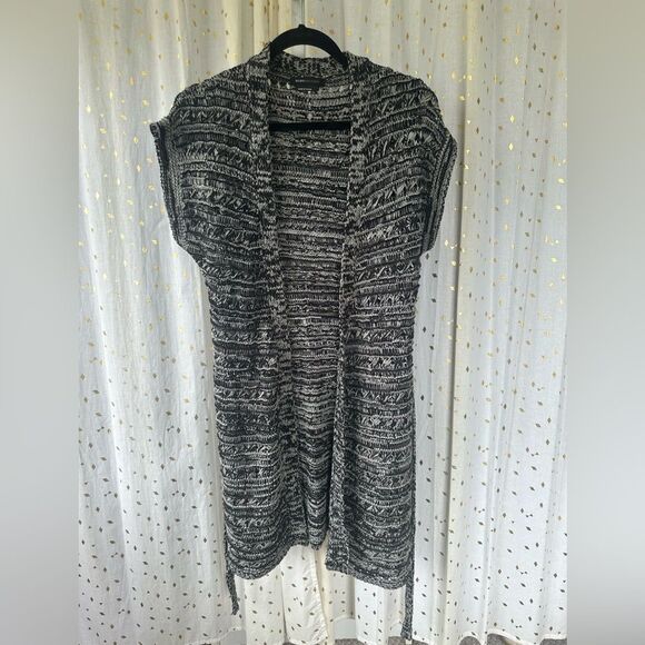 BCBG Maxazia Two-Tone Black Off White Crochet Cap Sleeve Tie Long Cardigan L - Picture 4 of 9